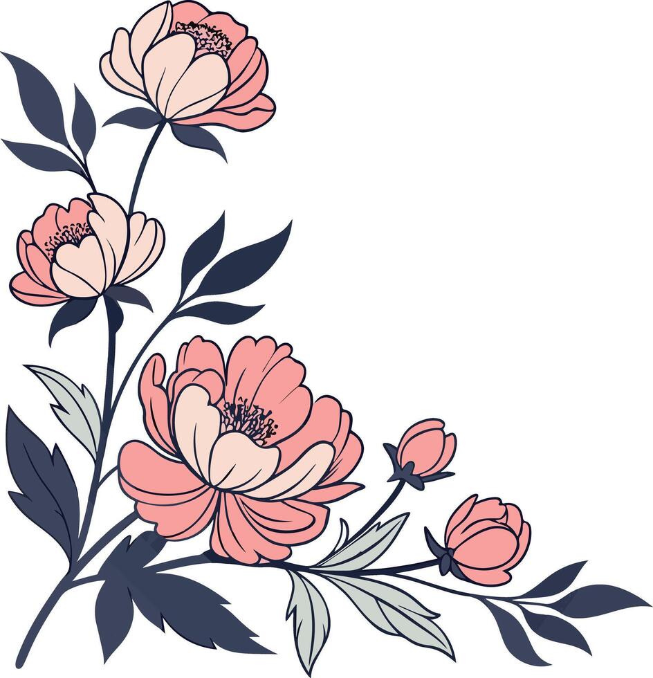 Floral corner in L shape made of peonies and green leafy stems arranged naturally in soft colors, great for wedding invitations, garden-themed prints, or romance cards vector