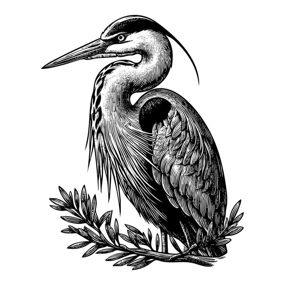 stork portrait sketch engraving black and white outline. Scratch board imitation. vector