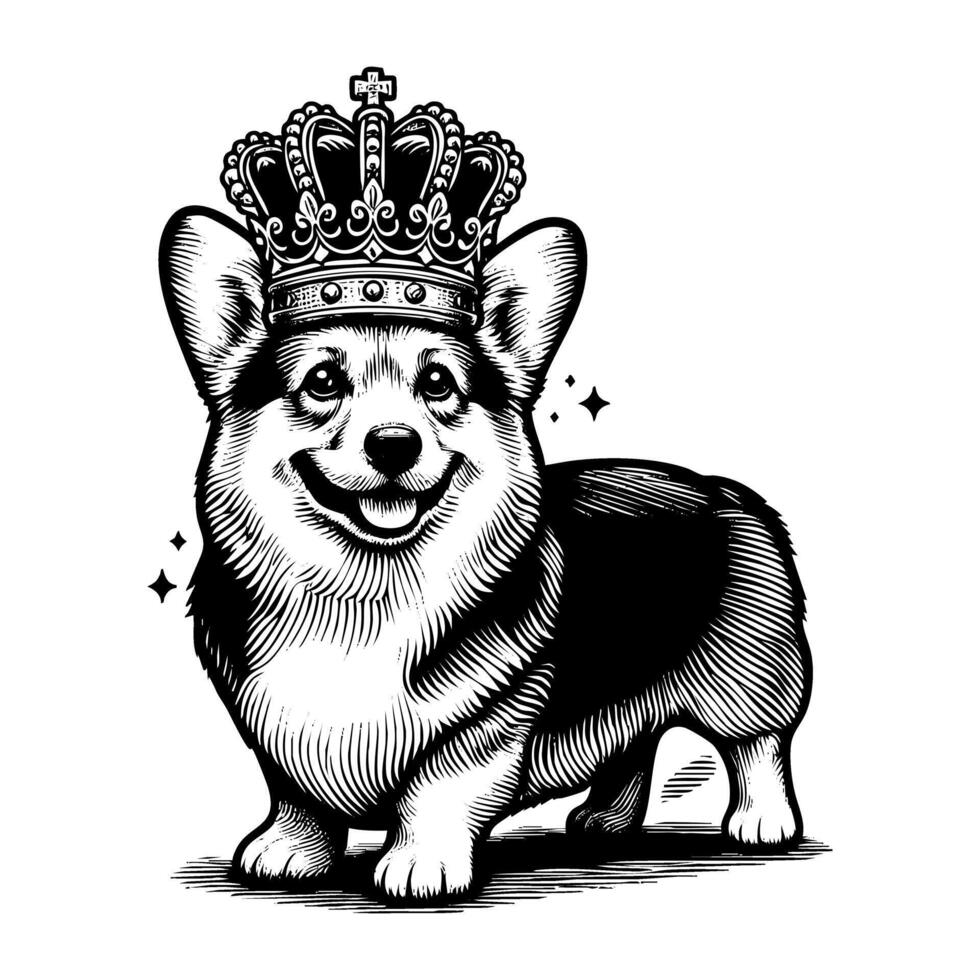 Corgi, Dog wear crown sketch engraving black and white outline. Scratch board imitation. vector