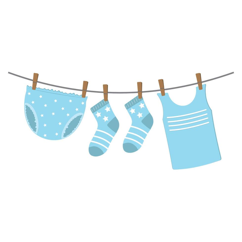 Drying wet children's clothes hung on a clothesline vector