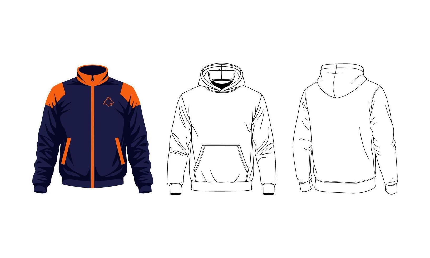 Clothing mockup set with jacket and hoodie. Apparel template with front and back view of a blank sweatshirt for fashion or technical sketch vector