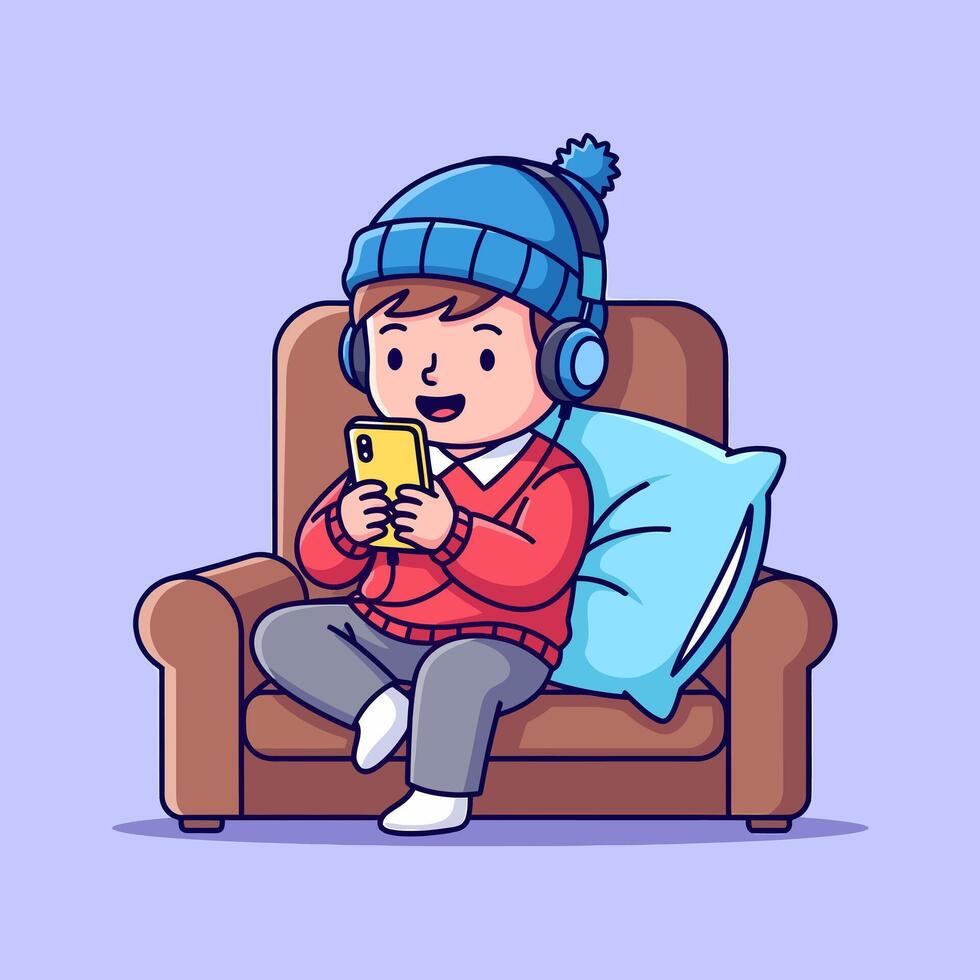 Cute Boy Relaxing on Sofa with Headphones and Phone vector