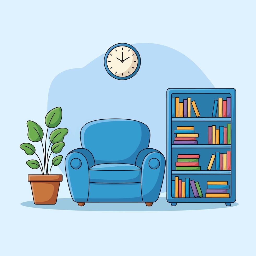 Cozy blue armchair with bookcase and potted plant creates a relaxing interior vector