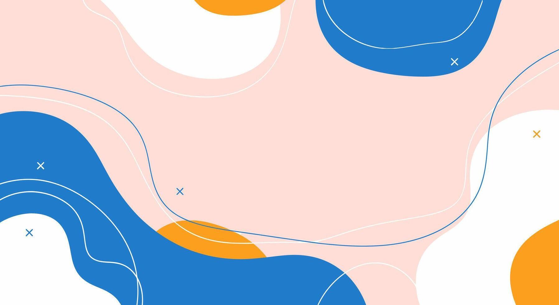 Playful abstract background with flowing shapes of blue, orange, white and pastel pink vector