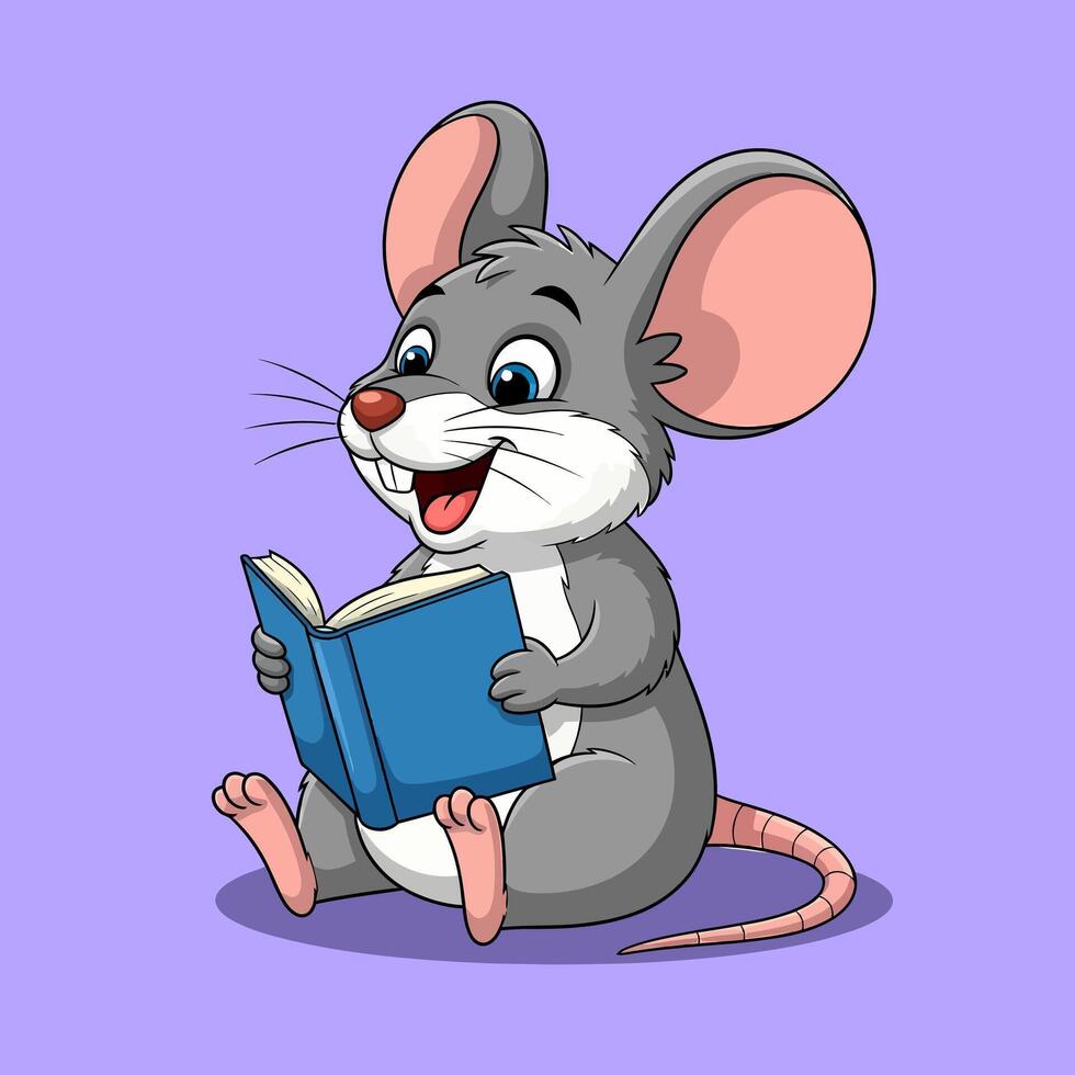 Cartoon illustration of a cute mouse happily reading a blue book vector