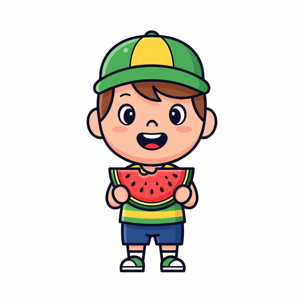 Cartoon child enjoys a juicy watermelon slice on a bright sunny summer day vector