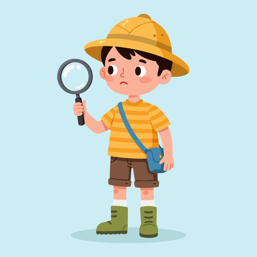 Curious Boy Explorer with Magnifying Glass Discovering Nature vector