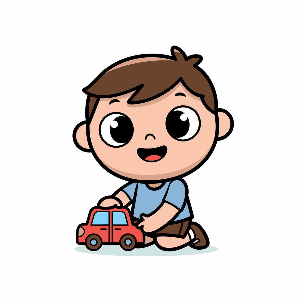 Boy with a toy car having fun playing, a cartoon character illustration vector