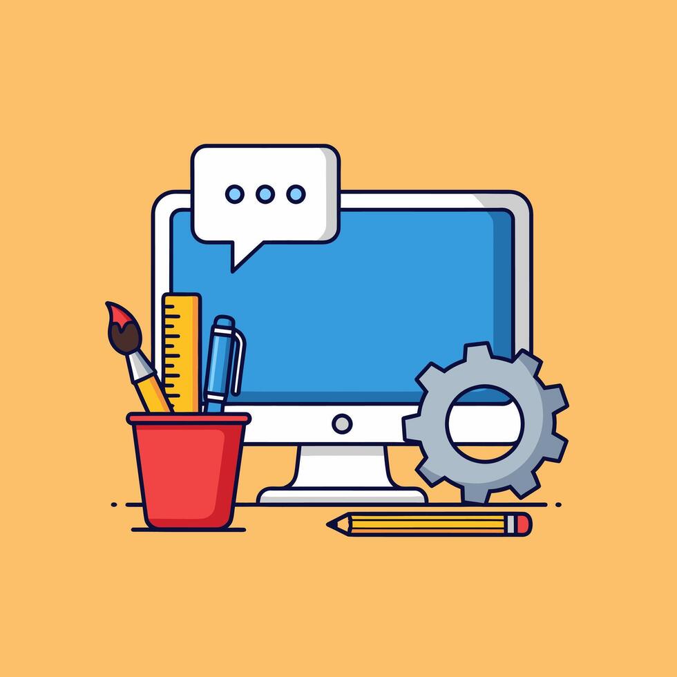 Creative workspace design featuring computer screen gear pencil brush ruler pen communication concept vector