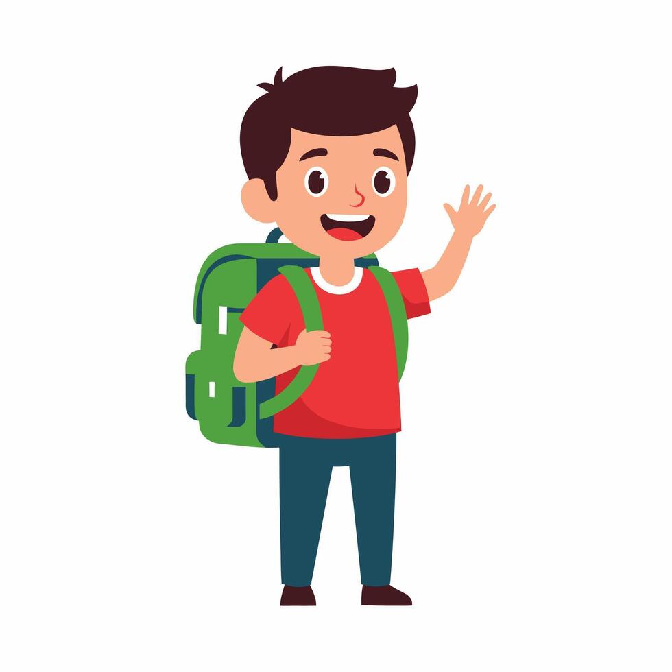 Cheerful cartoon boy wearing a backpack is waving hello vector