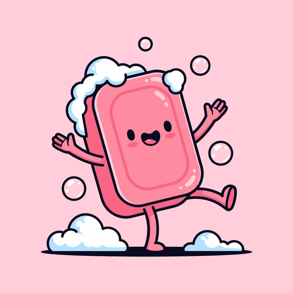 Happy soap character bouncing with bubbles a fun cartoon illustration vector