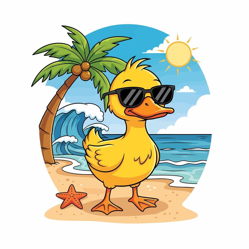 Duck cartoon illustration on a sunny beach wearing sunglasses vector