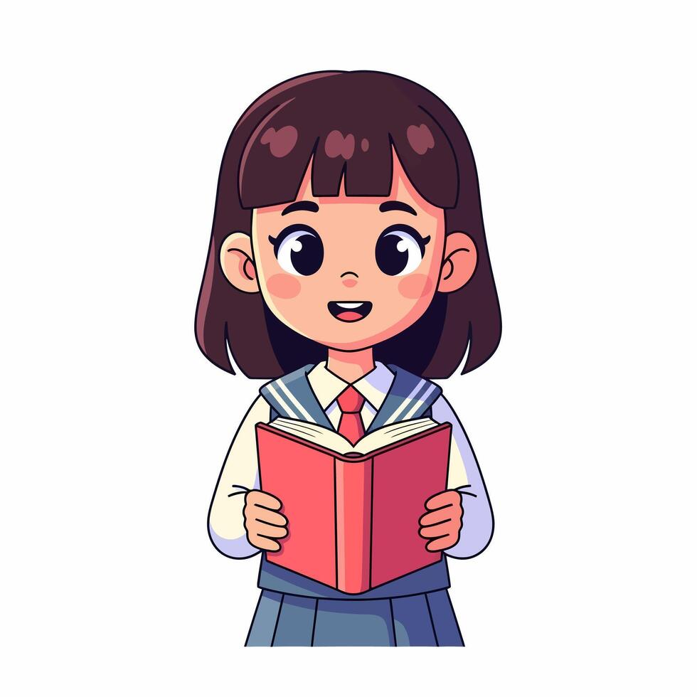 Cute cartoon girl in school uniform is happily reading a book vector