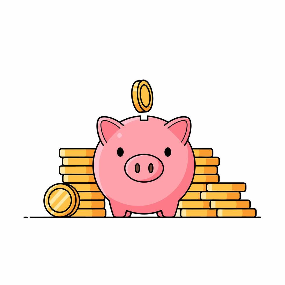 Cute Piggy Bank Saving Money Illustration Stacks Coins Financial Savings Concept vector