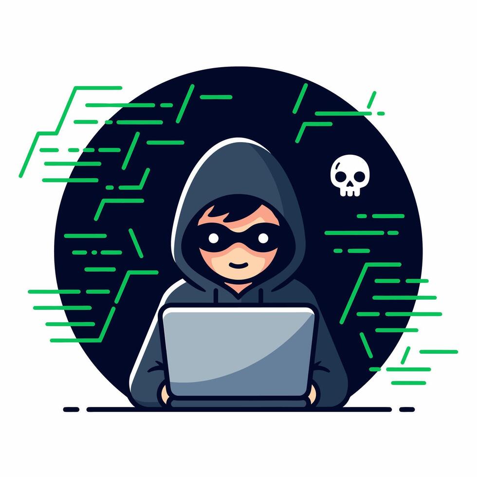 Cyber Security Hacker Character Illustration Laptop Coding vector