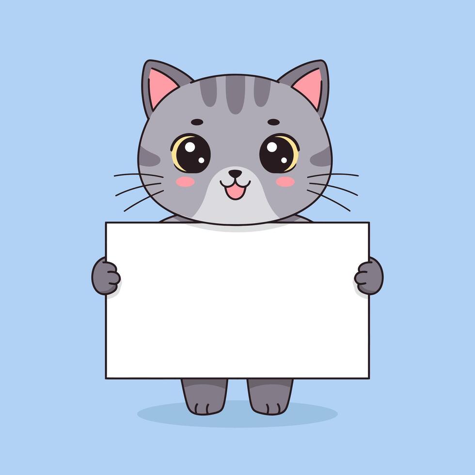 Adorable Grey Kitten Holding Blank Sign Cute Pet Design Perfect for Childrens Books and Cards vector