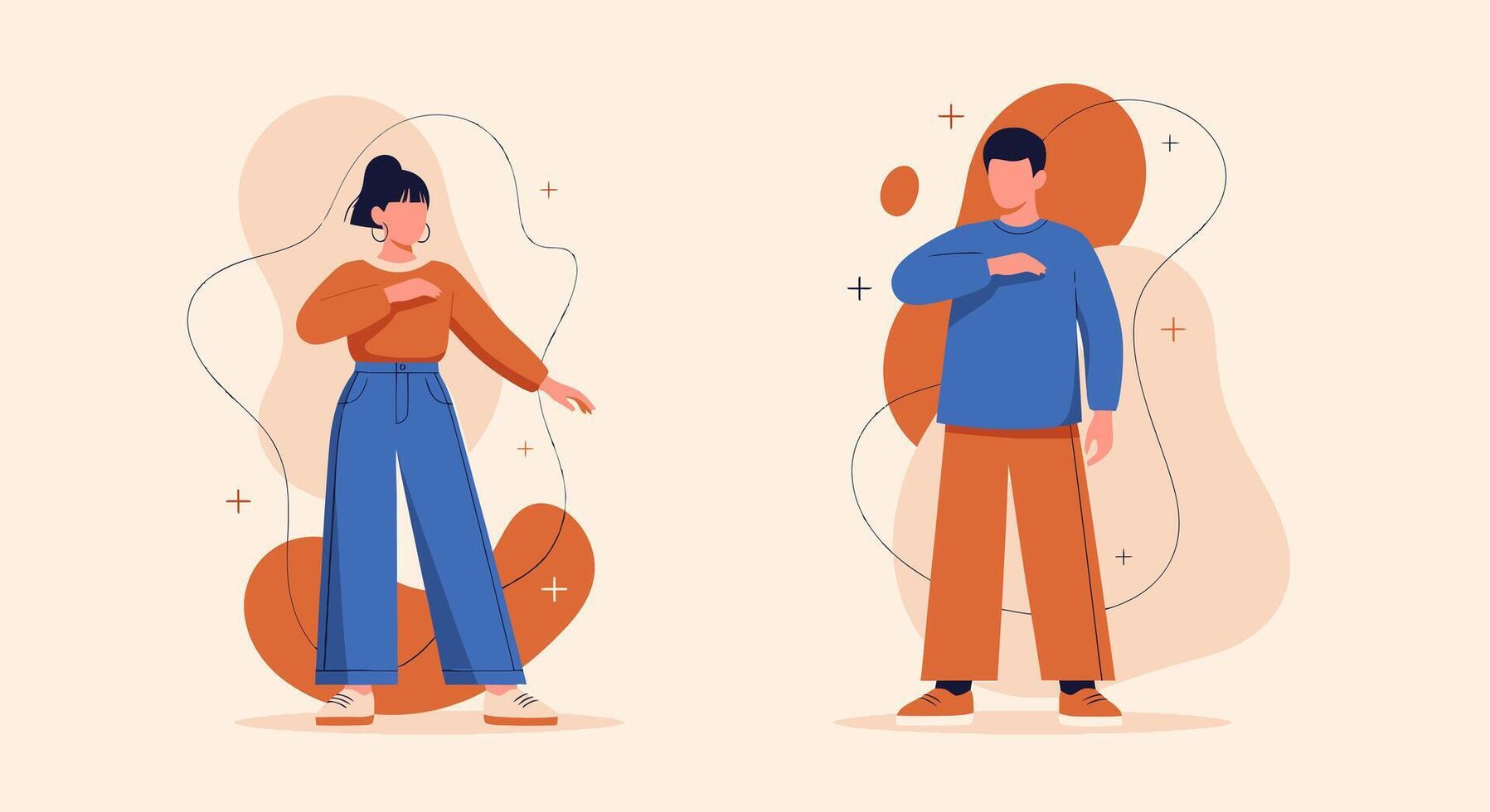 Illustrated man and woman express gratitude with hands over heart gesture vector