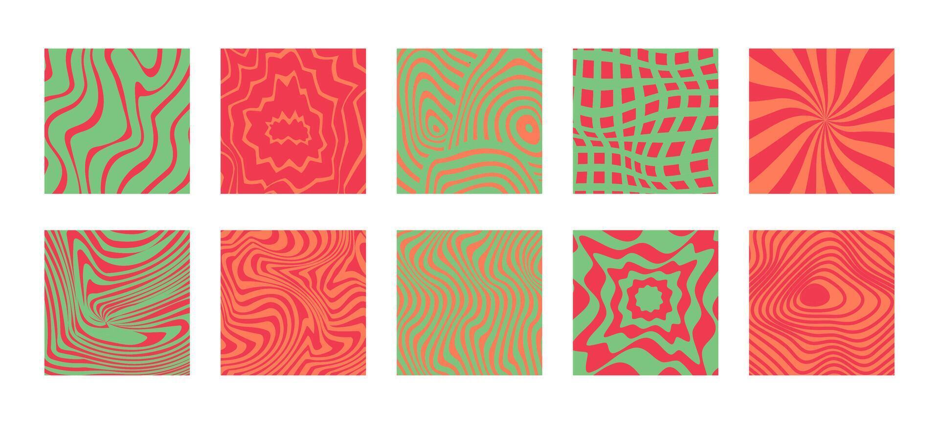 Psychedelic Optical Illusion Pattern Set. Groovy Abstract Backgrounds with Wavy Lines and Shapes vector