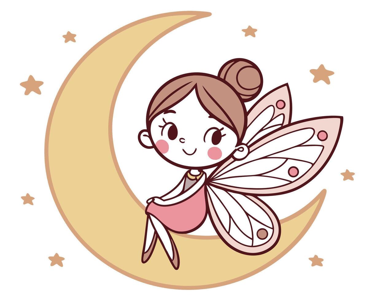 Adorable cartoon fairy sitting on the moon surrounded by stars for children's illustrations and designs vector