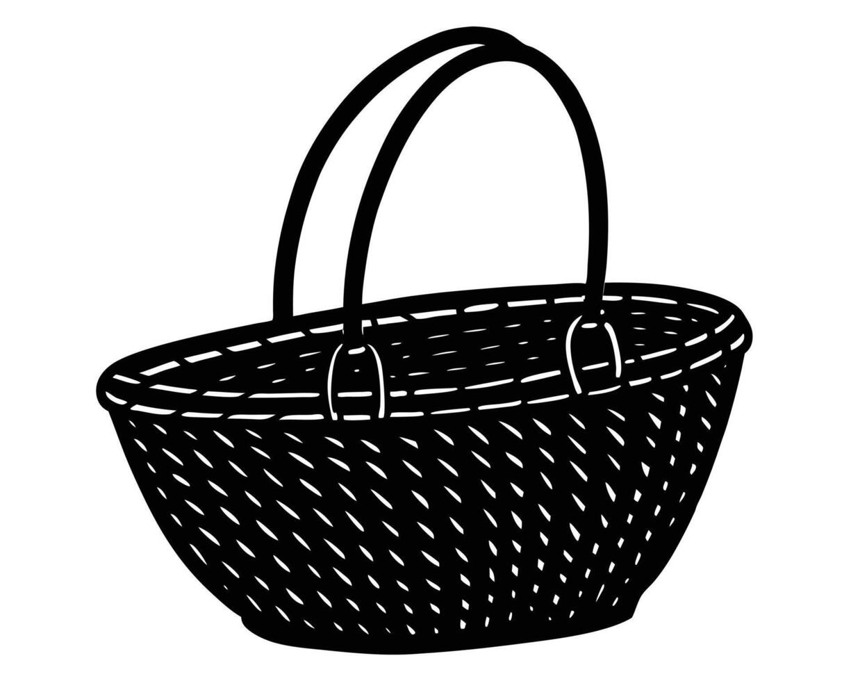 Black and white illustration of a woven picnic basket with a curved handle on a white background vector