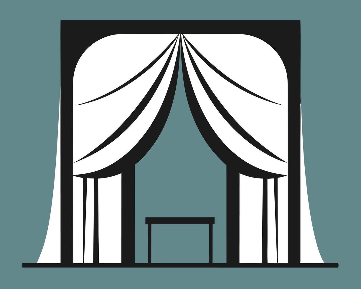 Simple black and white illustration of a wedding archway with white curtains and small table. vector