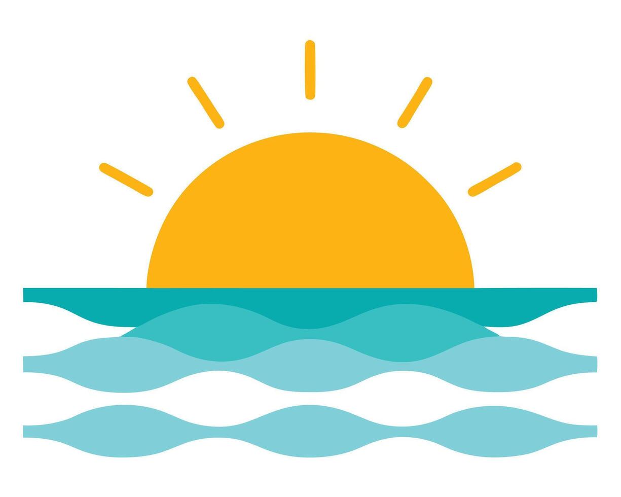Simple illustration of a sunset over the ocean with stylized blue waves and radiating sunbeams. vector
