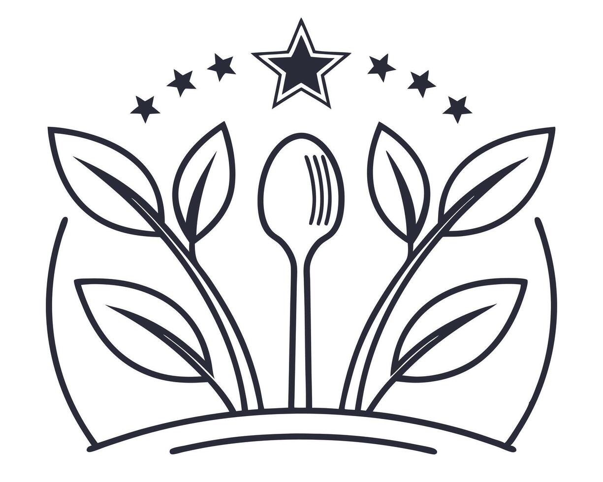 Elegant monochrome logo design featuring a spoon and leaves with star elements perfect for restaurants vector