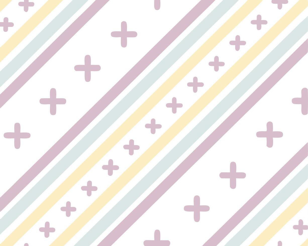 Seamless geometric pattern featuring pastel colored stripes and crosses on a clean white background vector
