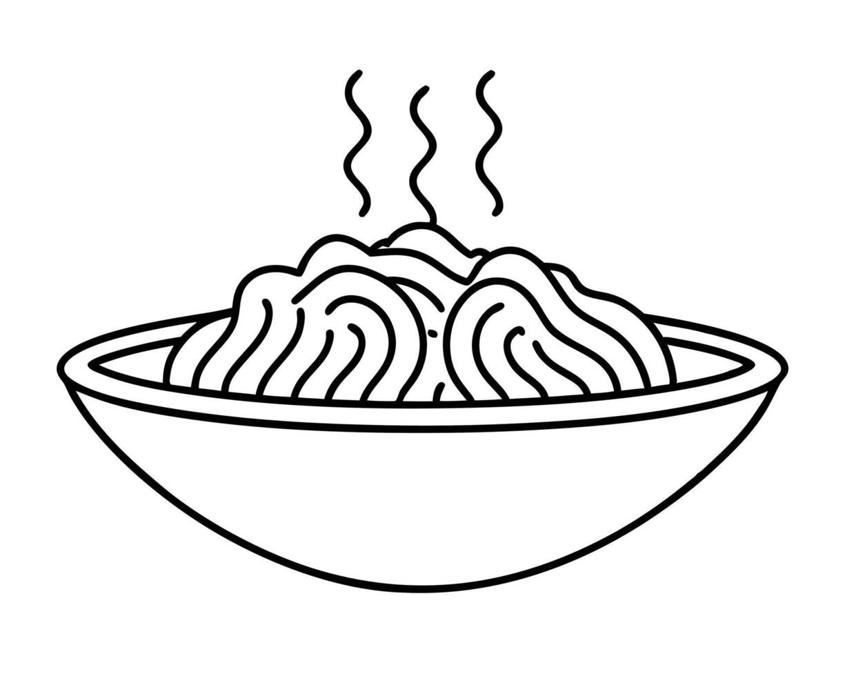 Simple black and white illustration depicting a steaming bowl of freshly cooked pasta ready to eat. vector