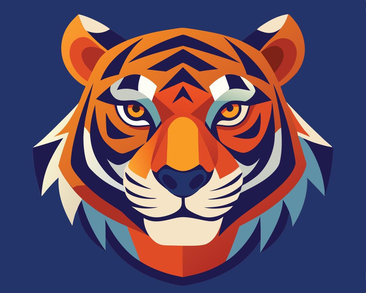 Bold stylized geometric illustration of a tiger head with vibrant colors on a blue background vector