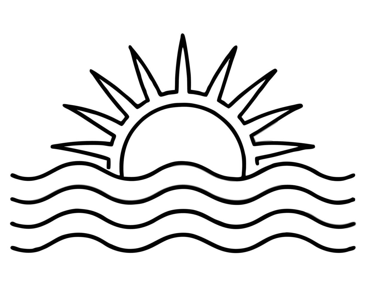 Simple black and white illustration of sun rising over wavy ocean water design elements vector