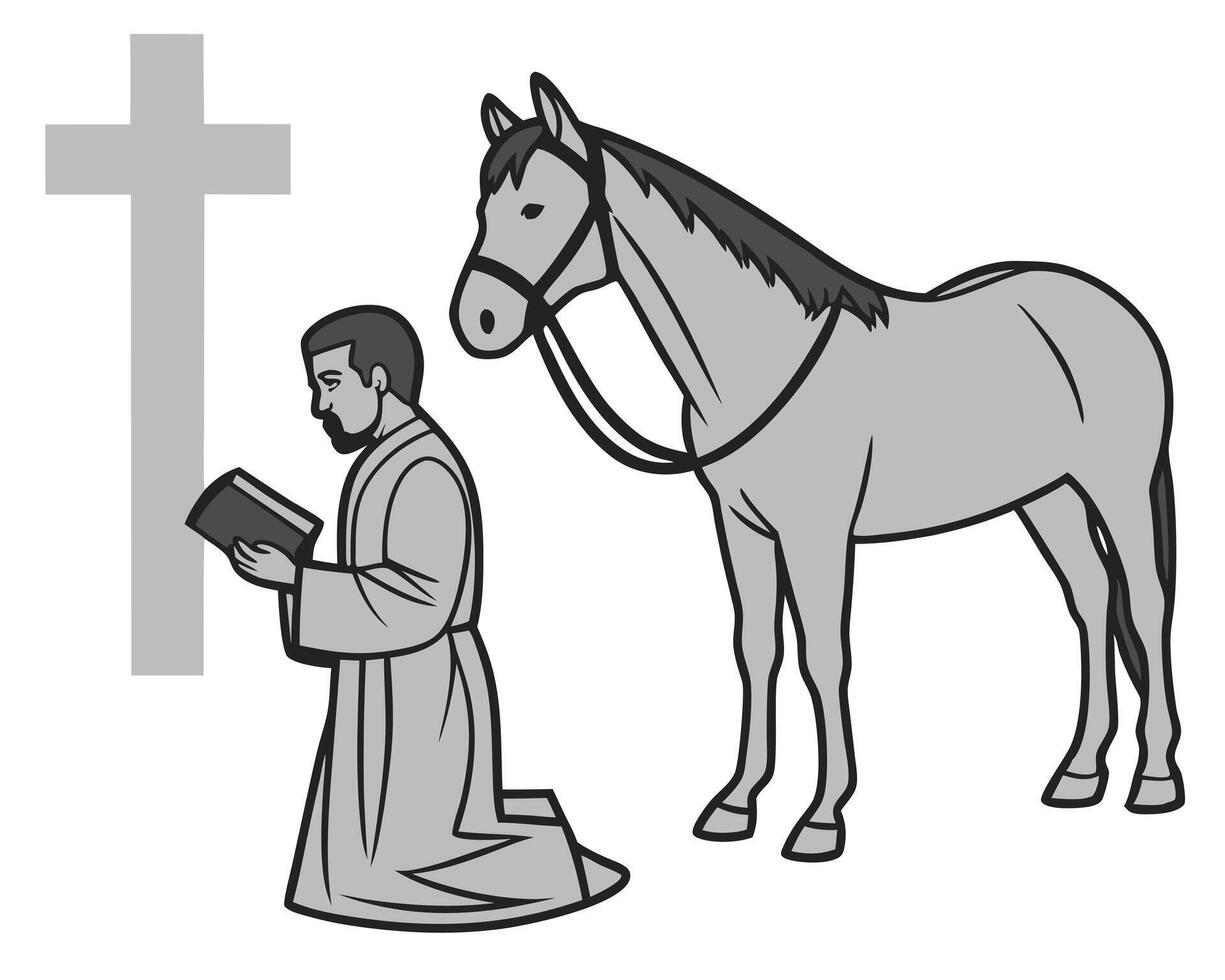 A priest kneeling in prayer with a bible and horse standing near a religious cross vector