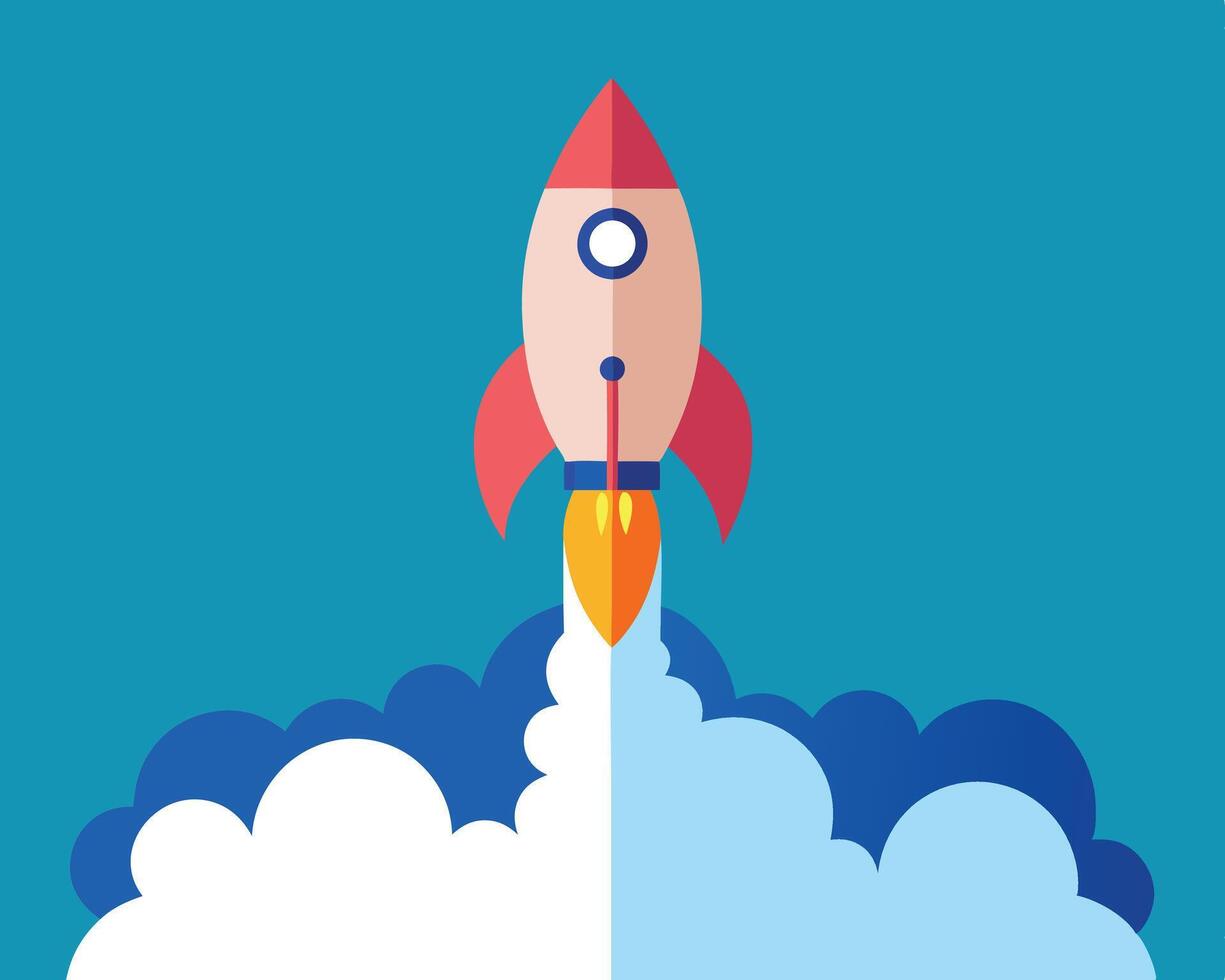 Rocket ship launching upwards with fire and smoke representing new ideas or business start up. vector
