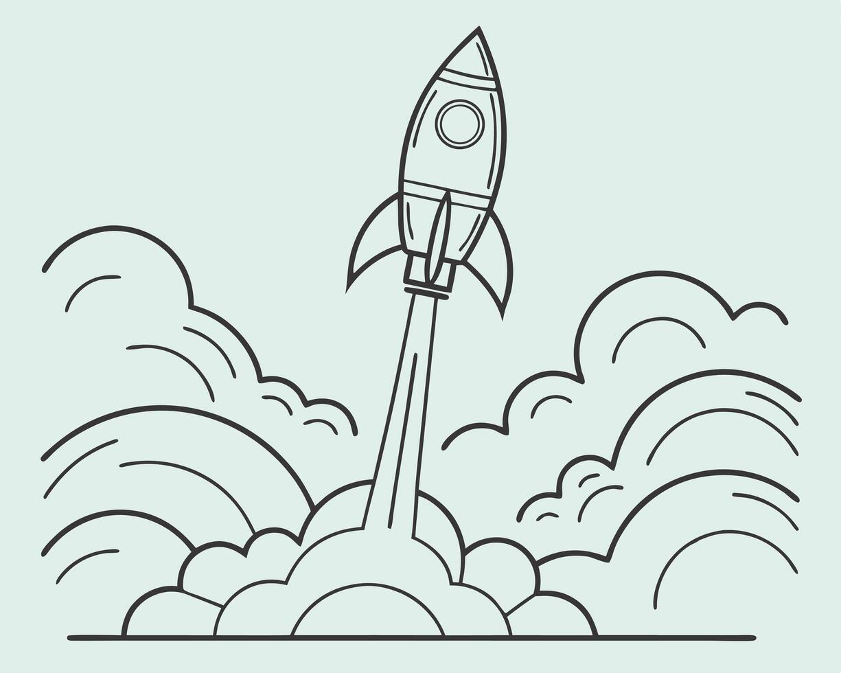 Illustrated graphic of a rocket blasting off from earth with vapor trails and cloud formations. vector