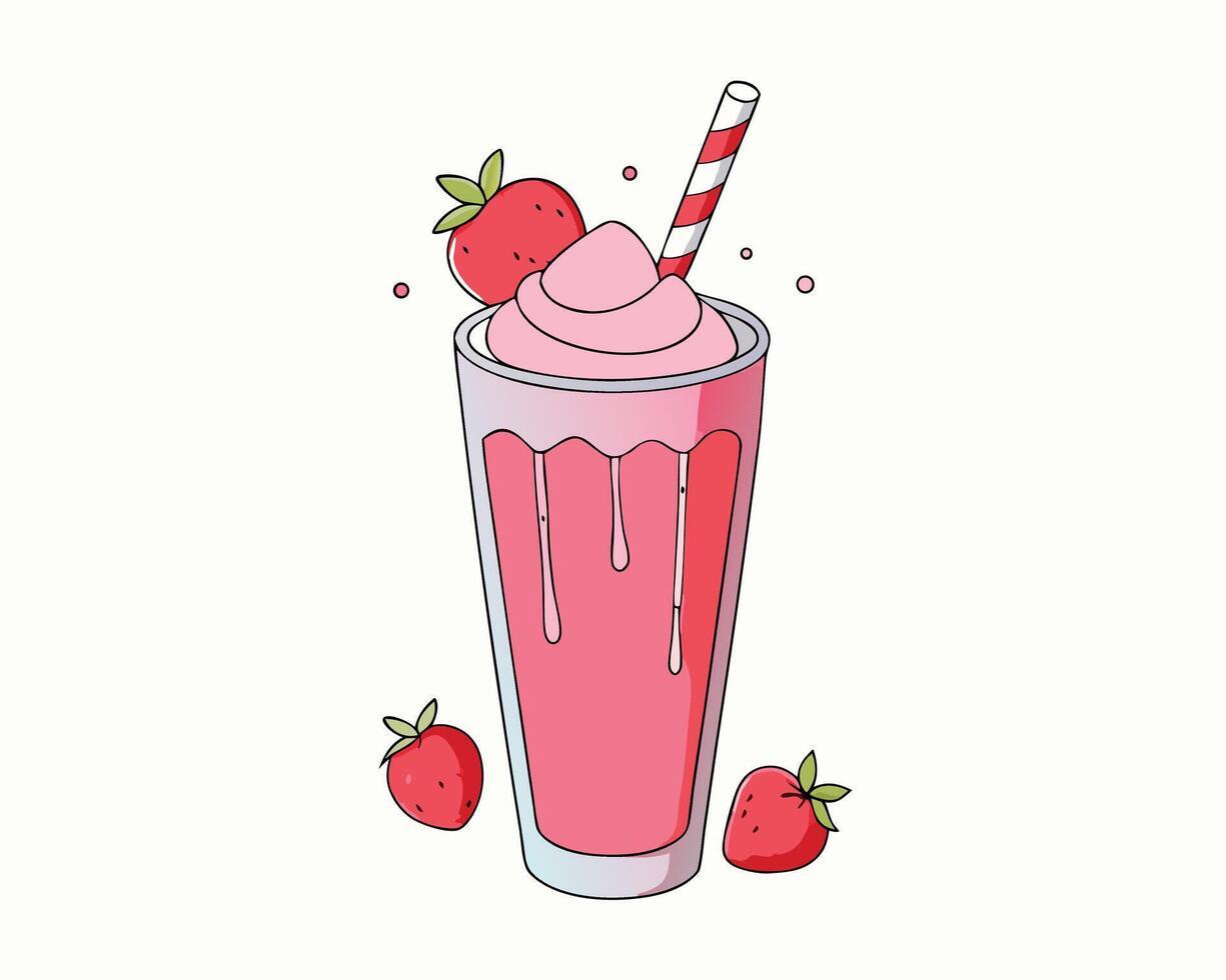 Cute and delicious illustration of a strawberry milkshake with whipped cream and a striped straw vector
