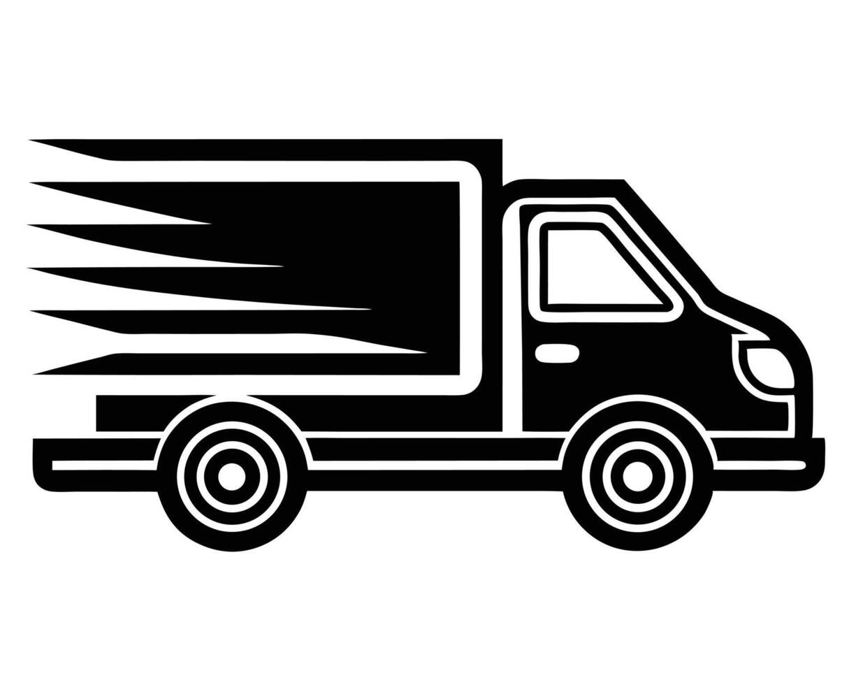 Black and white graphic illustration depicting a fast delivery truck design on white background vector