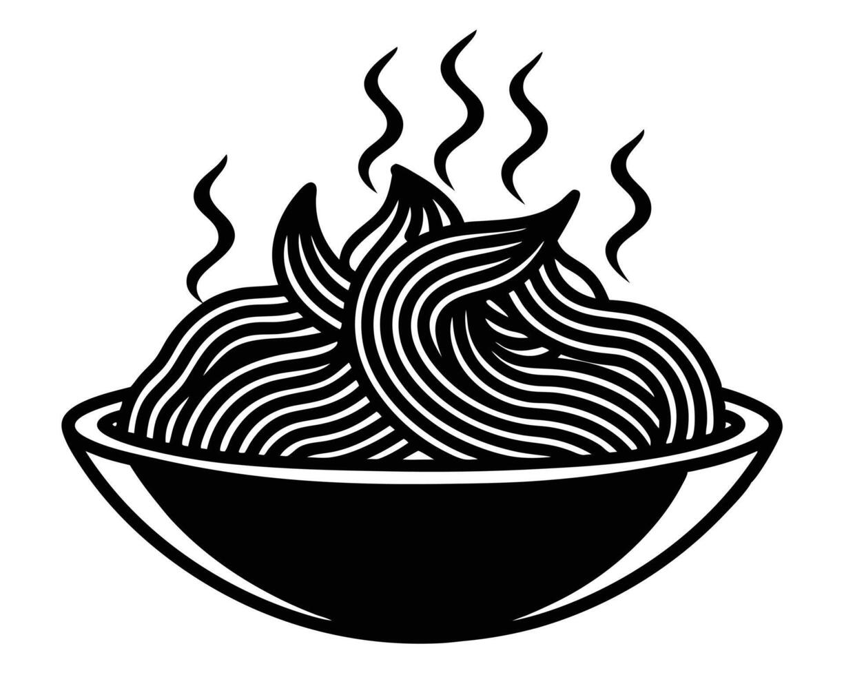 A simple black and white illustration of a bowl filled with steaming spaghetti pasta. vector