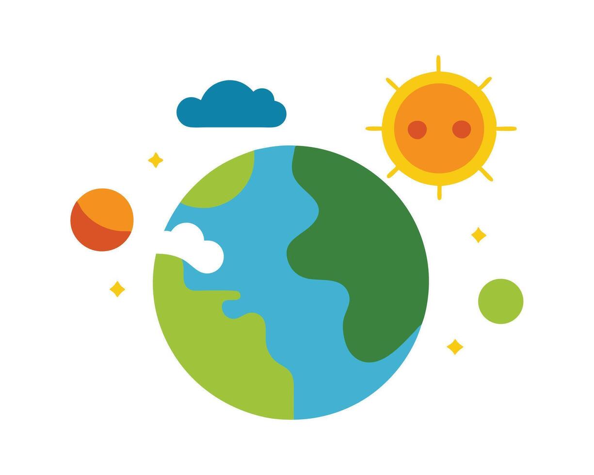 Colorful flat design illustration of earth sun and other celestial bodies on white background vector