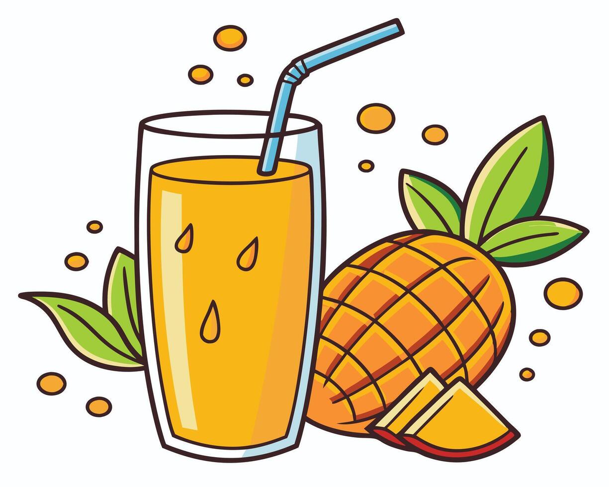 Refreshing glass of pineapple juice with a straw and slices alongside a whole pineapple vector