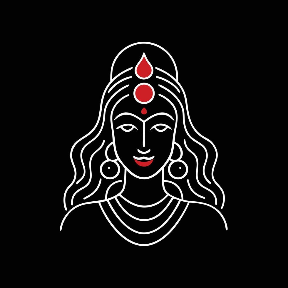 Minimalist line art illustration of hindu goddess with red bindi and elegant hair design vector