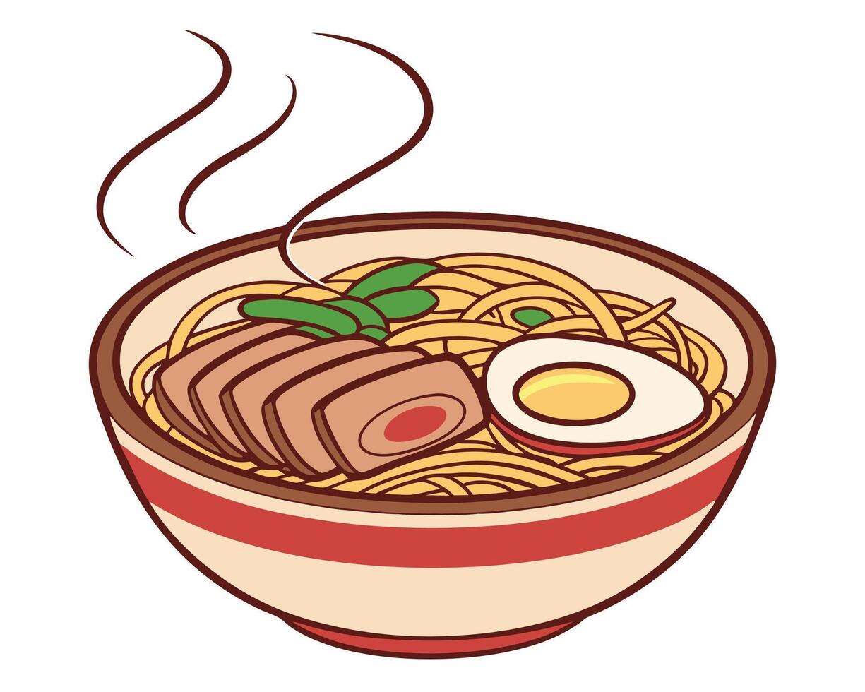 Delicious illustration of a bowl of steaming ramen noodles with sliced pork and a boiled egg. vector