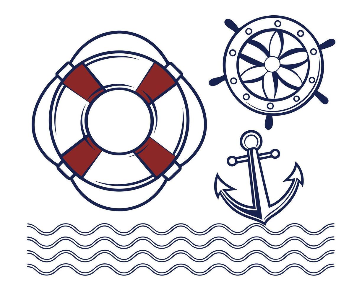 Nautical themed design elements including life preserver, ship's wheel, anchor, and waves illustrations. vector
