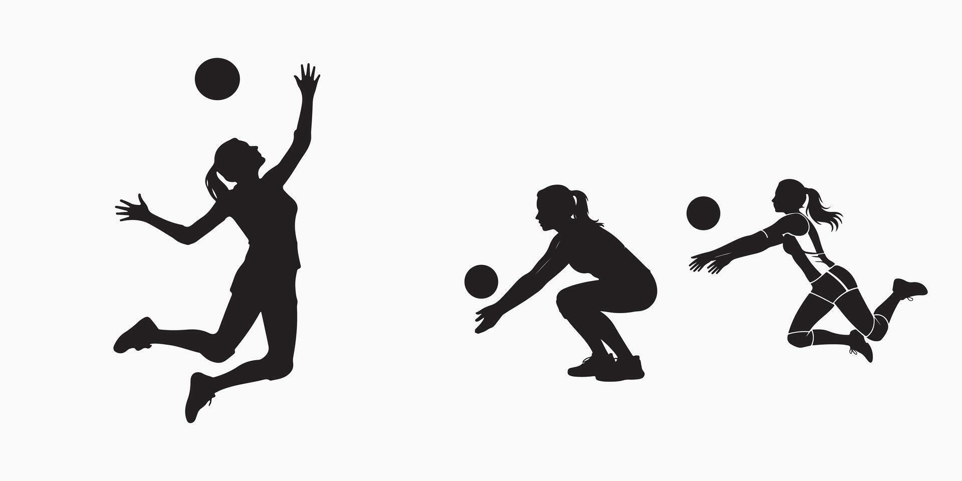 Volleyball Players Silhouettes in Action Serving Passing and Diving Black on White vector