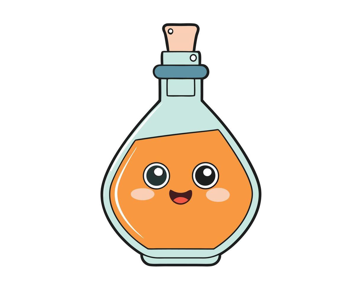 Cute cartoon potion bottle character smiling with orange liquid and a friendly facial expression vector