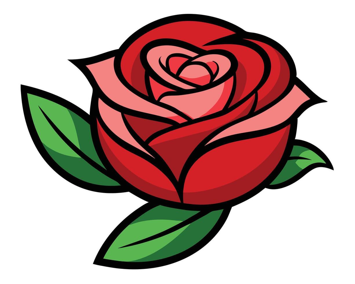 Vivid cartoon illustration of a classic red rose with green leaves for various design projects vector