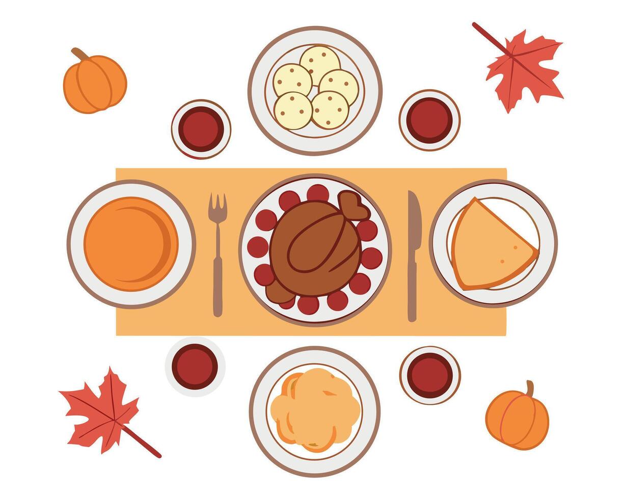 Top down view illustration of a festive thanksgiving dinner table with food and autumn elements. vector