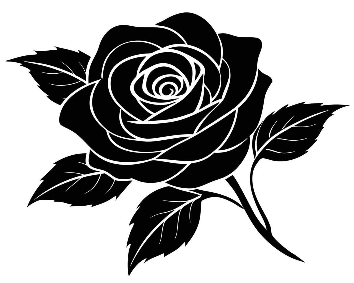 Elegant silhouette illustration of a black rose with detailed petals and green leaves against white background vector