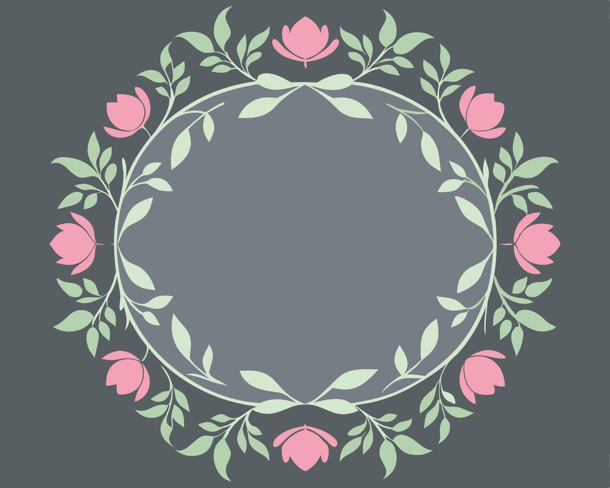 Elegant floral circular frame with pink flowers and green leaves arranged beautifully on a gray backdrop. vector