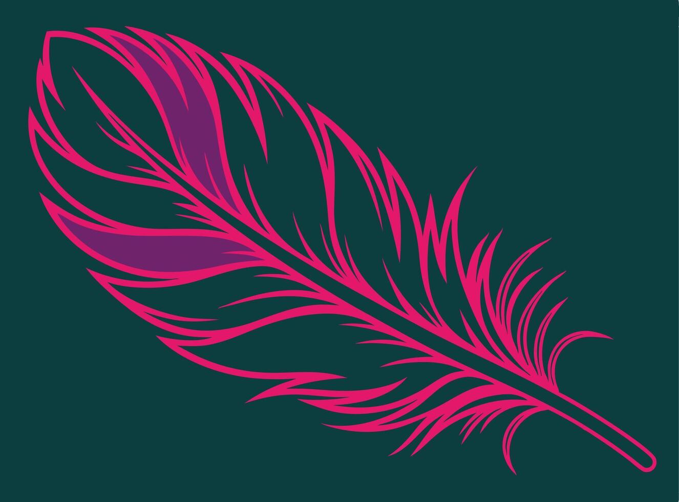 Decorative illustration of a stylized feather in bright pink and purple with a dark teal background vector