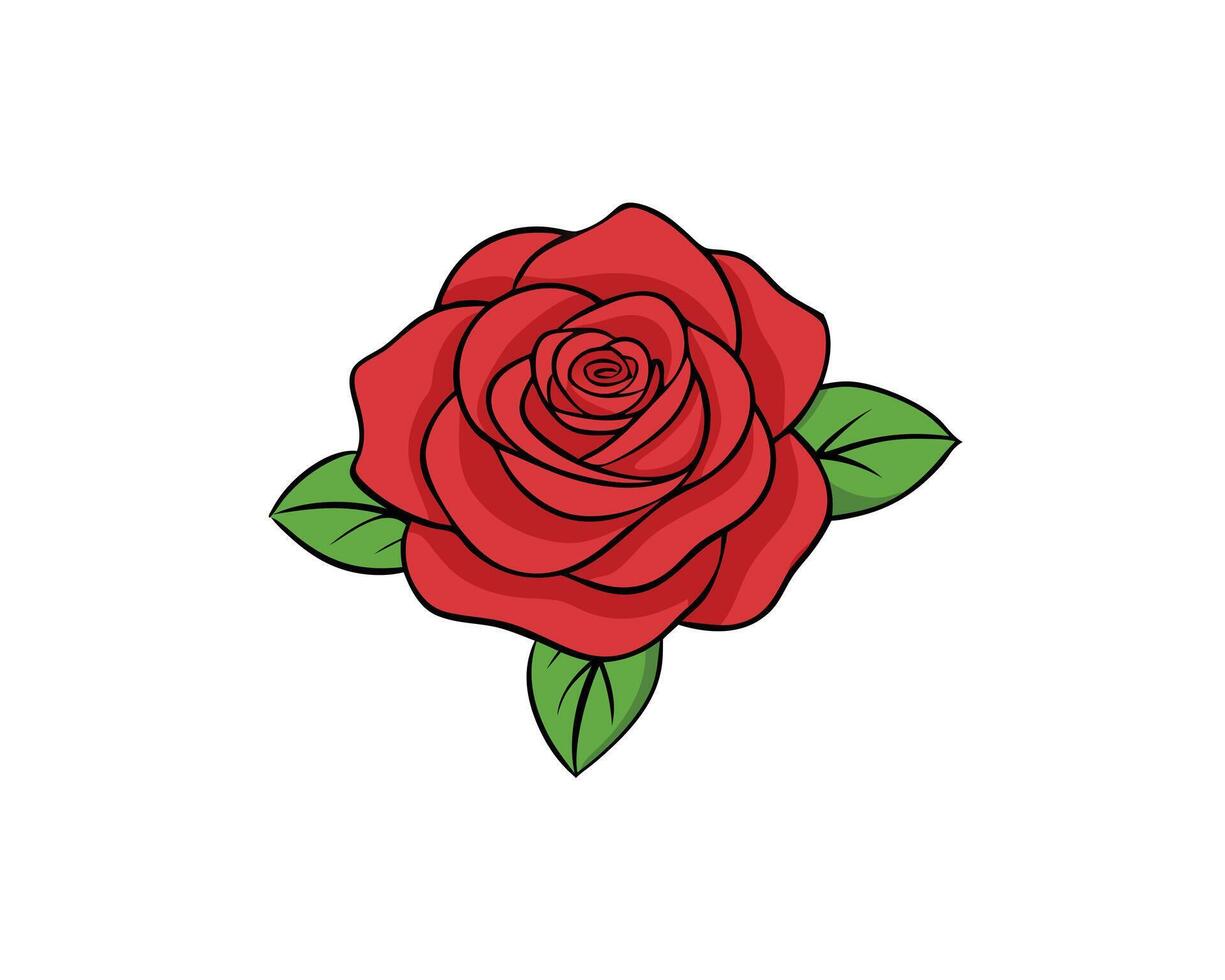 Vibrant red rose floral illustration with green leaves design on a clean white background. vector